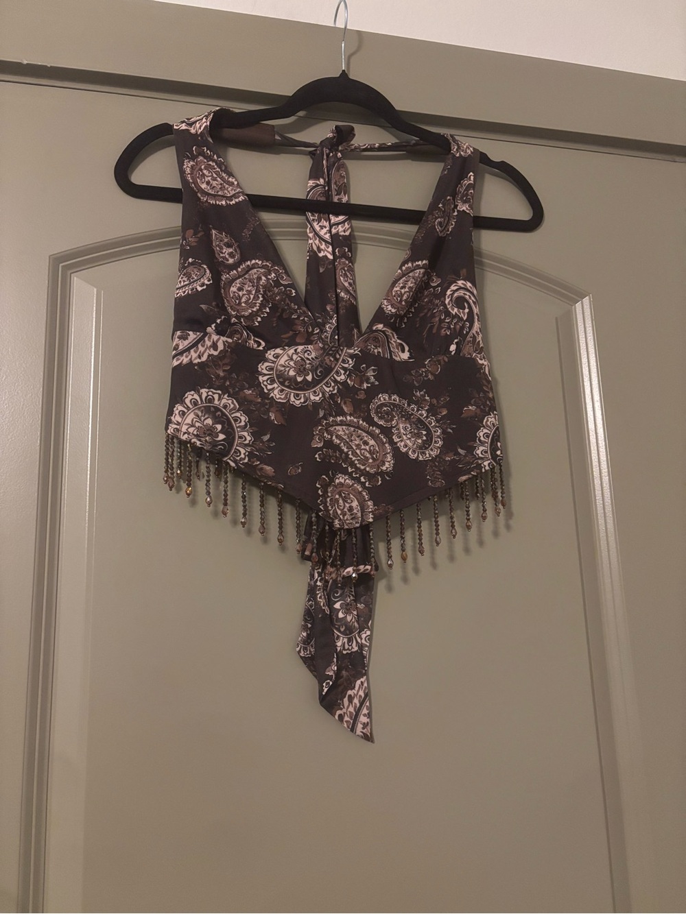 Windsor Y2K Brown Paisley Beaded Fringe Halter Top L